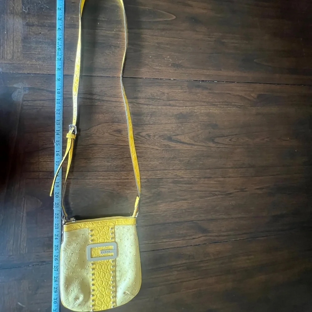 Guess Gold Yellow Crossbody Bag, Floral Print Inside, Silver G